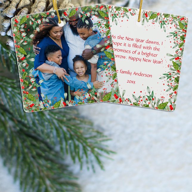 Monogram  Red Christmas Green  photo Classic Round Ceramic Ornament (Creator Uploaded)