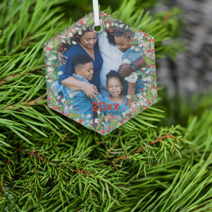 Monogram  Red Christmas Green  photo Classic Round Glass Tree Decoration