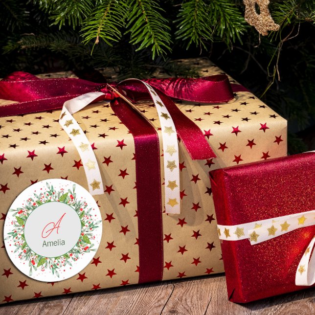 Monogram  Red Christmas Greenery  Classic Round Sticker (Creator Uploaded)