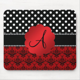 Monogram red damask black polka dots mouse mat