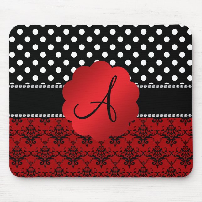 Monogram red damask black polka dots mouse mat (Front)