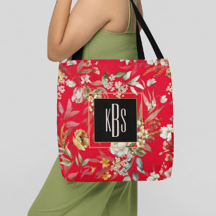 Monogram, Red Fine Art Florals Shoulder Tote Bag