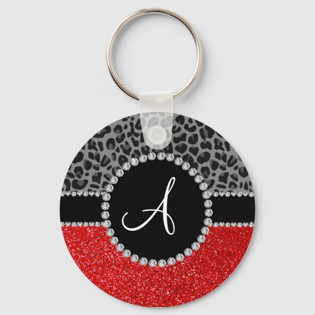 Monogram red glitter black leopard key ring (Front)