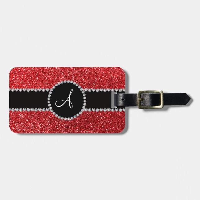 Monogram red glitter diamond black circle luggage tag (Front Horizontal)