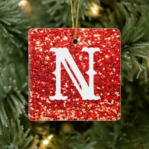 Monogram Red Glitter Metallic Christmas Holiday Ceramic Ornament
