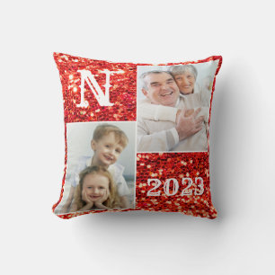 Monogram Red Glitter Photo Christmas Holiday   Cushion