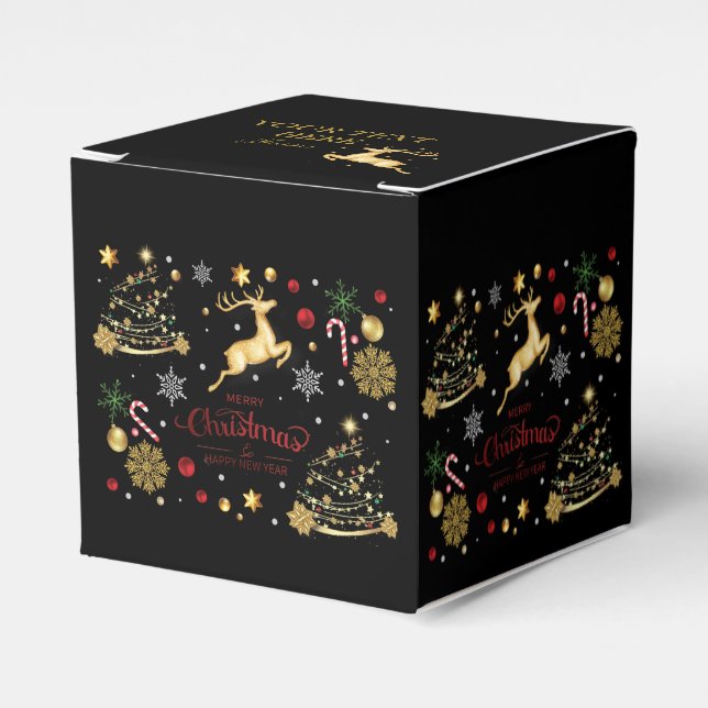 monogram Red Gold Reindeer Merry Christmas Tree  Favour Box (Front Side)