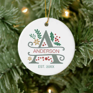 Monogram Red, Green, and Gold Letter “A” with Name Ceramic Tree Decoration