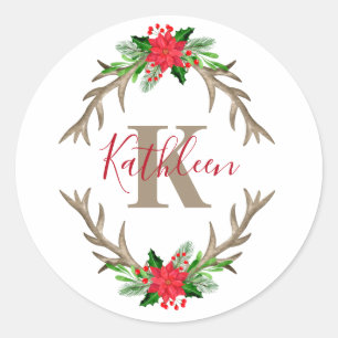 Monogram Red Green Christmas Floral Antlers Classic Round Sticker