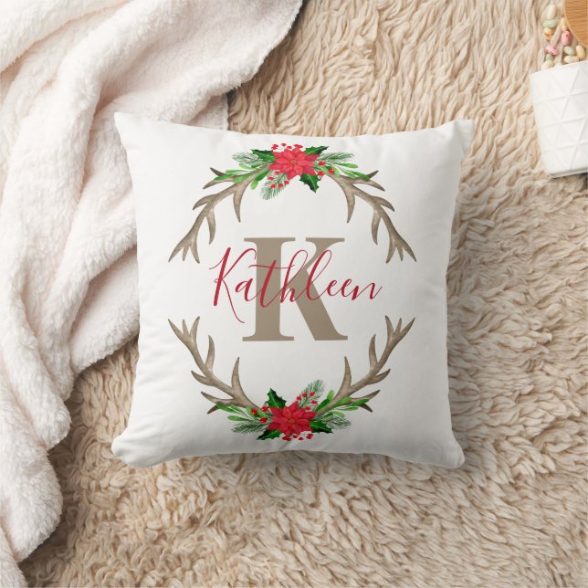 Monogram Red Green Christmas Floral Antlers  Cushion (Blanket)