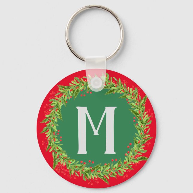 Monogram Red & Green Christmas Wreath Key Ring (Front)