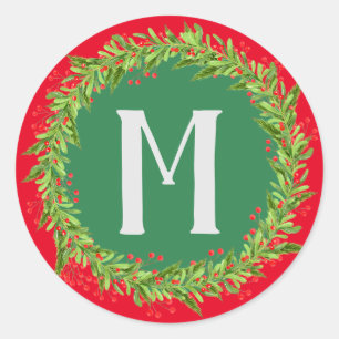 Monogram Red & Green Wreath Christmas Holiday Classic Round Sticker
