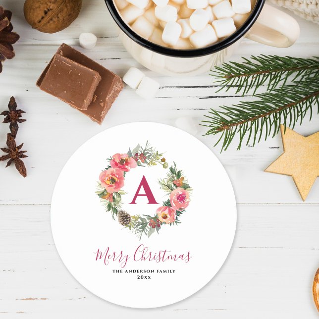 Monogram Red Greenery Pink Wreath Christmas  Round Paper Coaster (Creator Uploaded)