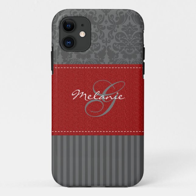 Monogram Red, Grey Damask Stripe iPhone 5 Case (Back)
