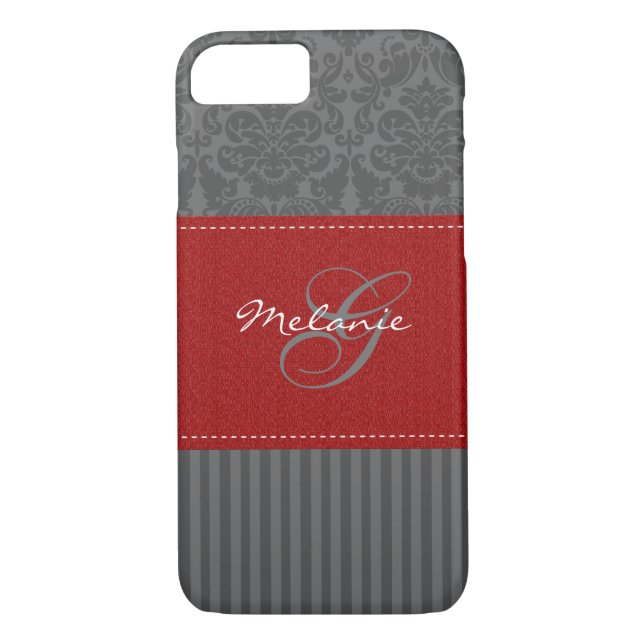 Monogram Red, Grey Damask Stripe iPhone 7 Case (Back)