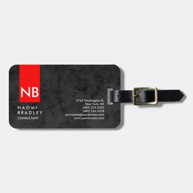 Monogram Red Grey Pattern Modern Consultant Luggage Tag (Front Horizontal)