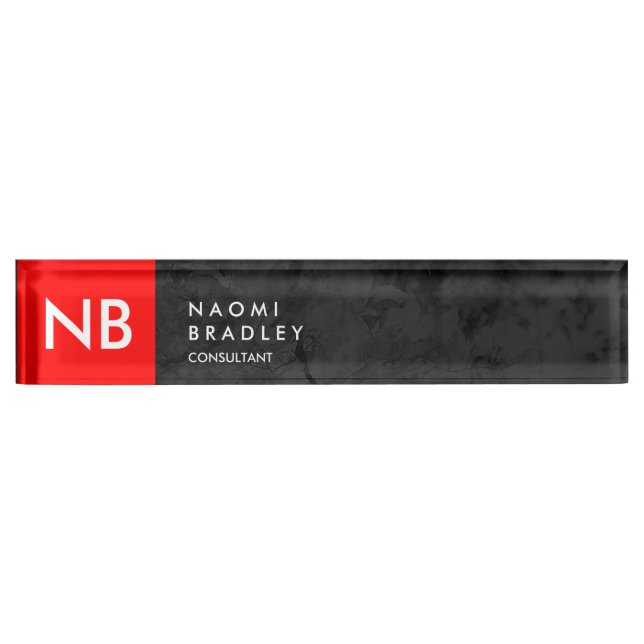Monogram Red Grey Pattern Modern Nameplate (Front)