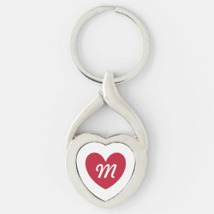 Monogram red heart on white key ring