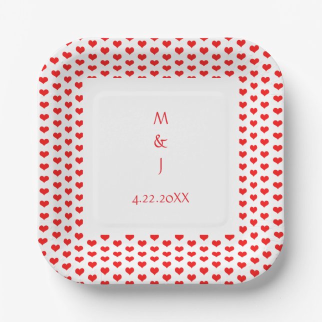 Monogram Red Hearts Couple Name Romantic Wedding  Paper Plate (Front)