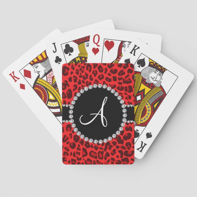 Monogram red leopard print circle playing cards (Back)
