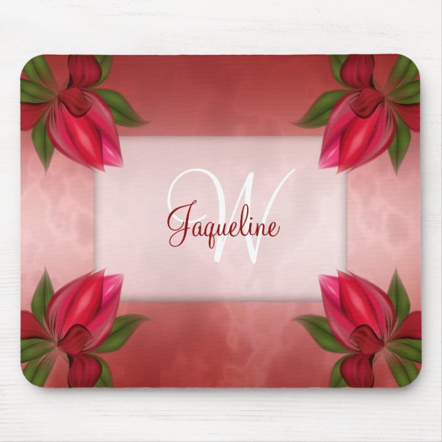 Monogram Red Marble Floral Mouse Mat (Front)