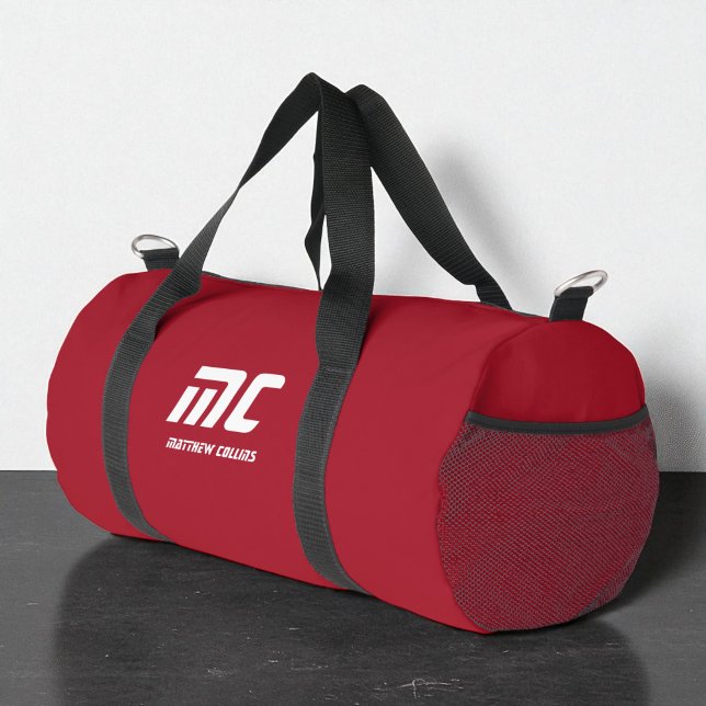 Monogram Red Minimalist White Name Custom for Him Duffle Bag (Monogram Red Minimalist White Name Custom for Him Duffle Bag)