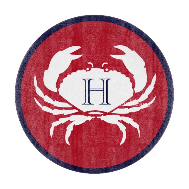 Monogram Red Navy Blue White Crab Nautical Cutting Board (Front)
