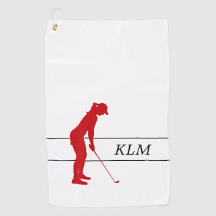 Monogram Red on White Woman Silhouette Golfer Golf Towel