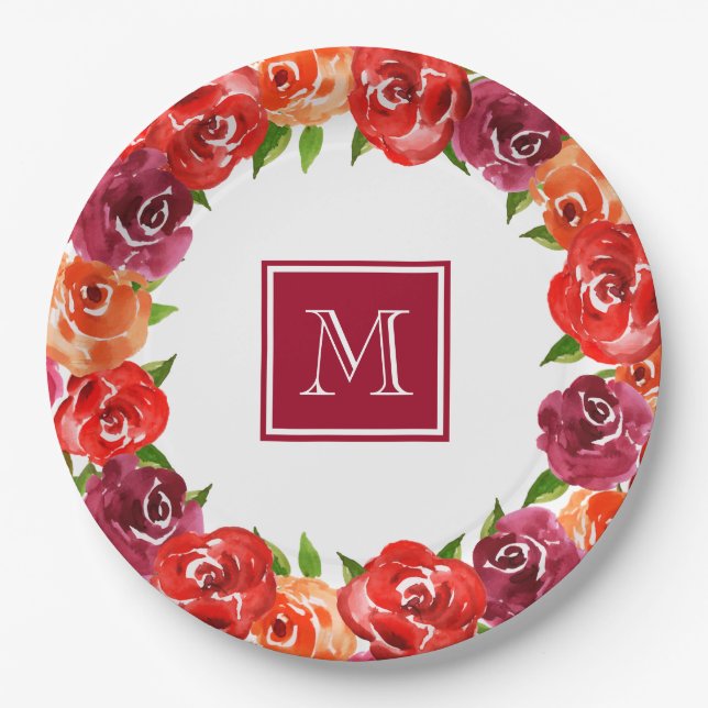 Monogram Red Orange Claret Floral Paper Plate (Front)