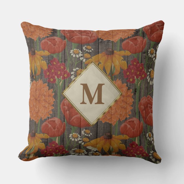 Monogram Red Orange Flowers and Daisies Brown Wood Cushion (Front)
