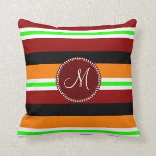 Monogram Red Orange Green Black Striped Pattern Cushion