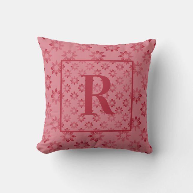 Monogram Red Pink Floral Pattern Cushion (Front)