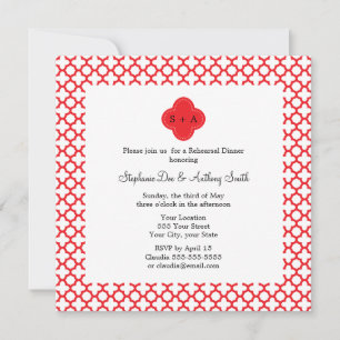 Monogram Red Quatrefoil Pattern Rehearsal Dinner Invitation