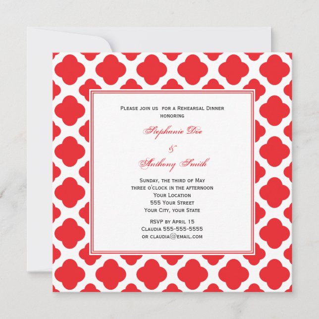 Monogram Red Quatrefoil Pattern Rehearsal Dinner Invitation (Front)