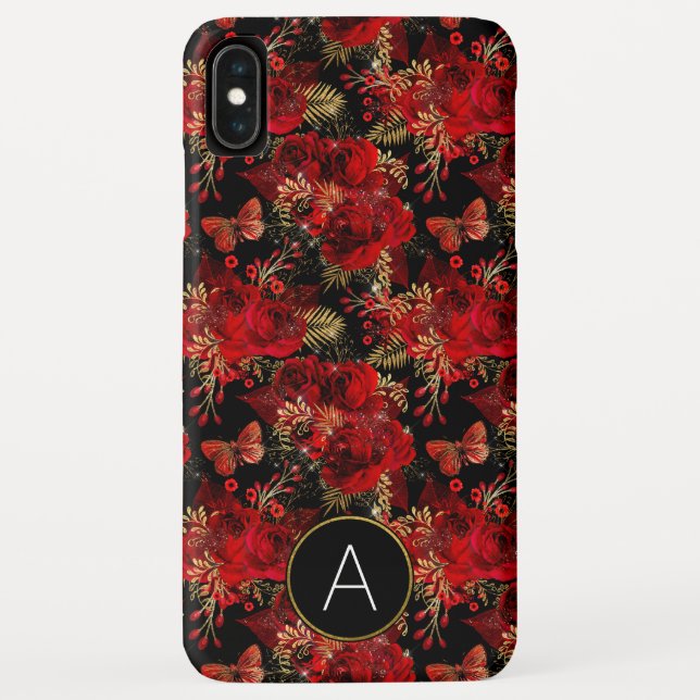 Monogram Red Roses and Butterfly Pattern Case-Mate iPhone Case (Back)