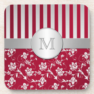 Monogram Red Silver Striped Floral Coaster Set (6)