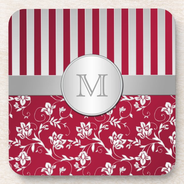 Monogram Red Silver Striped Floral Coaster Set (6) (Front)