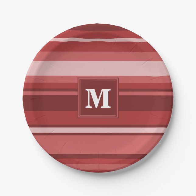 Monogram red stripes paper plate (Front)