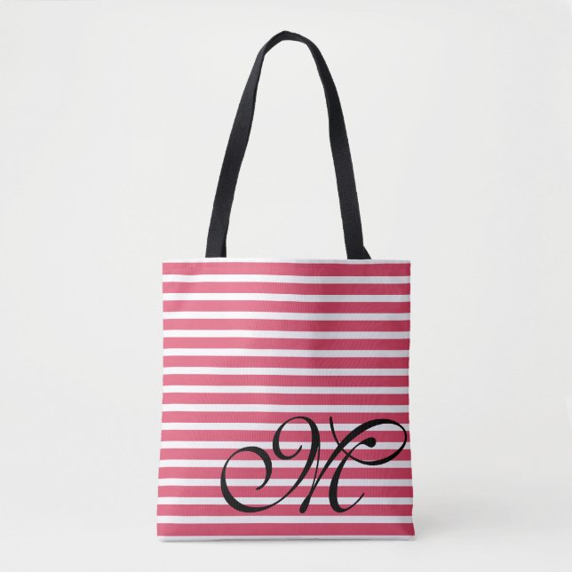 Monogram Red Stripes Pattern Tote Bag (Front)