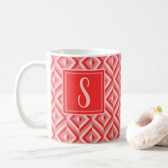 Monogram Red Three-Tone Diamond Pattern Coffee Mug (With Donut)