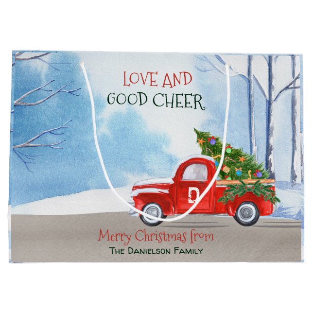 Monogram Red Truck Christmas Love and Good Cheer Large Gift Bag (Back)