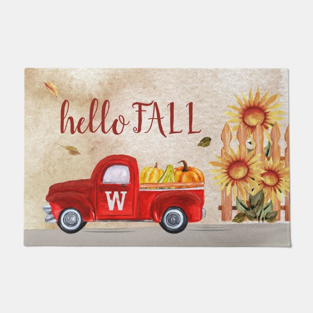 Monogram Red Truck Hello Fall Pumpkin Sunflowers Doormat (Front)