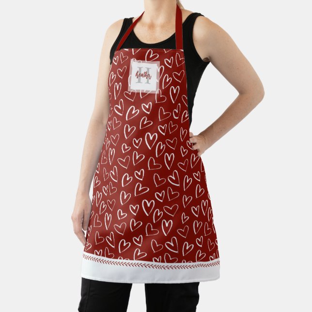 Monogram Red Valentine Heart Pattern Apron (Insitu)