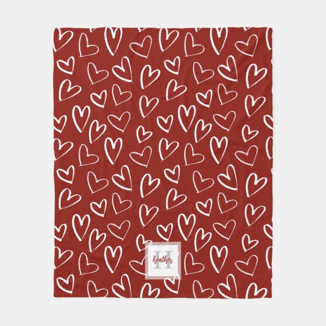 Monogram Red Valentine Heart Pattern Fleece Blanket (Front)