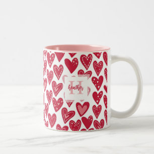 Monogram Red Valentine Heart Pattern Two-Tone Coffee Mug