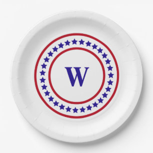 Monogram Red White and Blue Stars Patriotic  Paper Plate