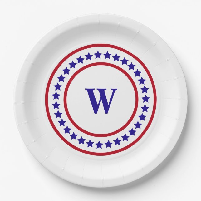 Monogram Red White and Blue Stars Patriotic  Paper Plate (Front)