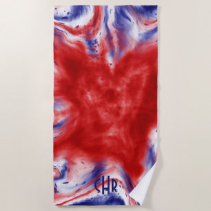 Monogram Red, White and Blue Tie-Dye   Watercolor Beach Towel