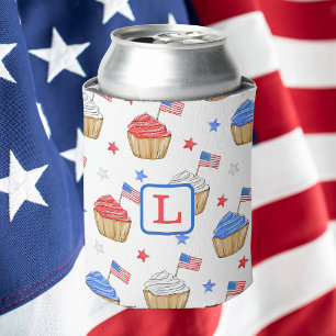 Monogram Red White Blue Cupcake Flag Star Preppy Can Cooler