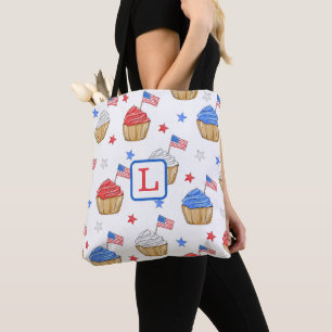 Monogram Red White Blue Cupcake Flag Star Preppy Tote Bag